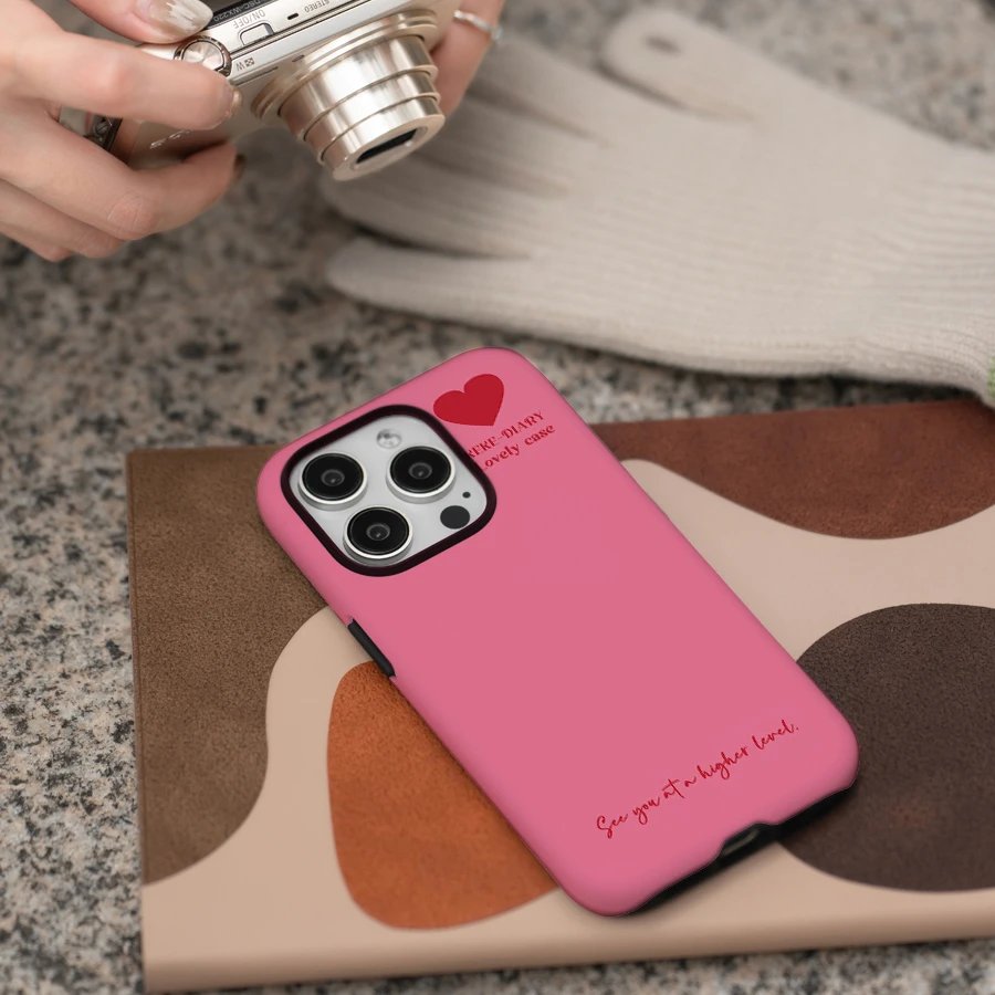 Simple pink background red heart Phone Case For IPHONE 15PRO MAX 14 13 12 11 PRO Plus Acrylic TPU Two in one Mobile Phone Cases