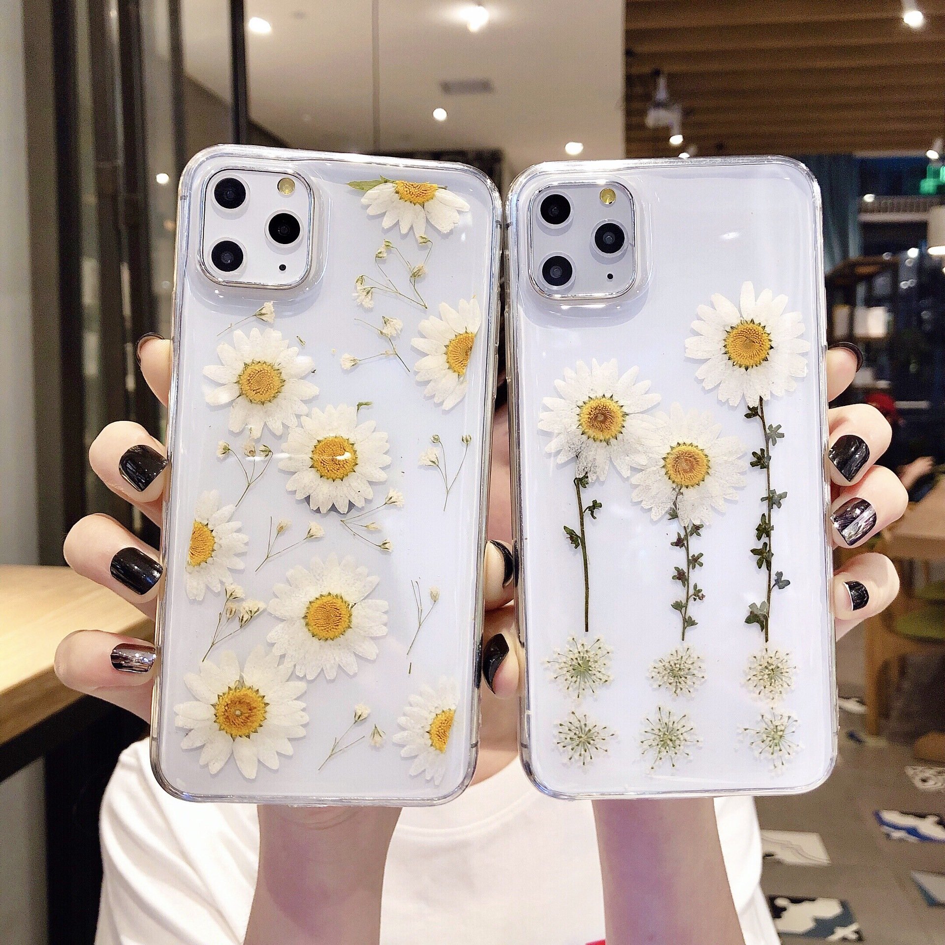 Transparent Glitter Epoxy Pressed Flower Mobile Phone Case for iPhone X XR 11 12 13 14 15 16 Pro Daisy Gypsophila Flower Cover