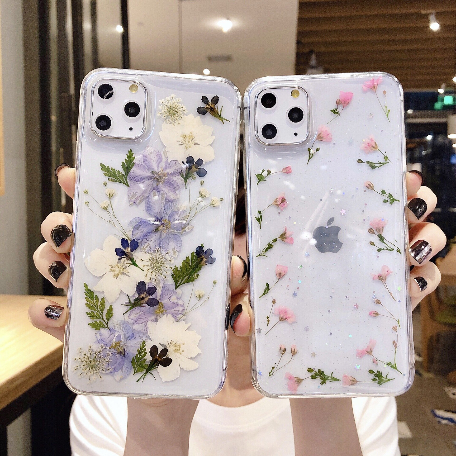 Transparent Glitter Epoxy Pressed Flower Mobile Phone Case for iPhone X XR 11 12 13 14 15 16 Pro Daisy Gypsophila Flower Cover