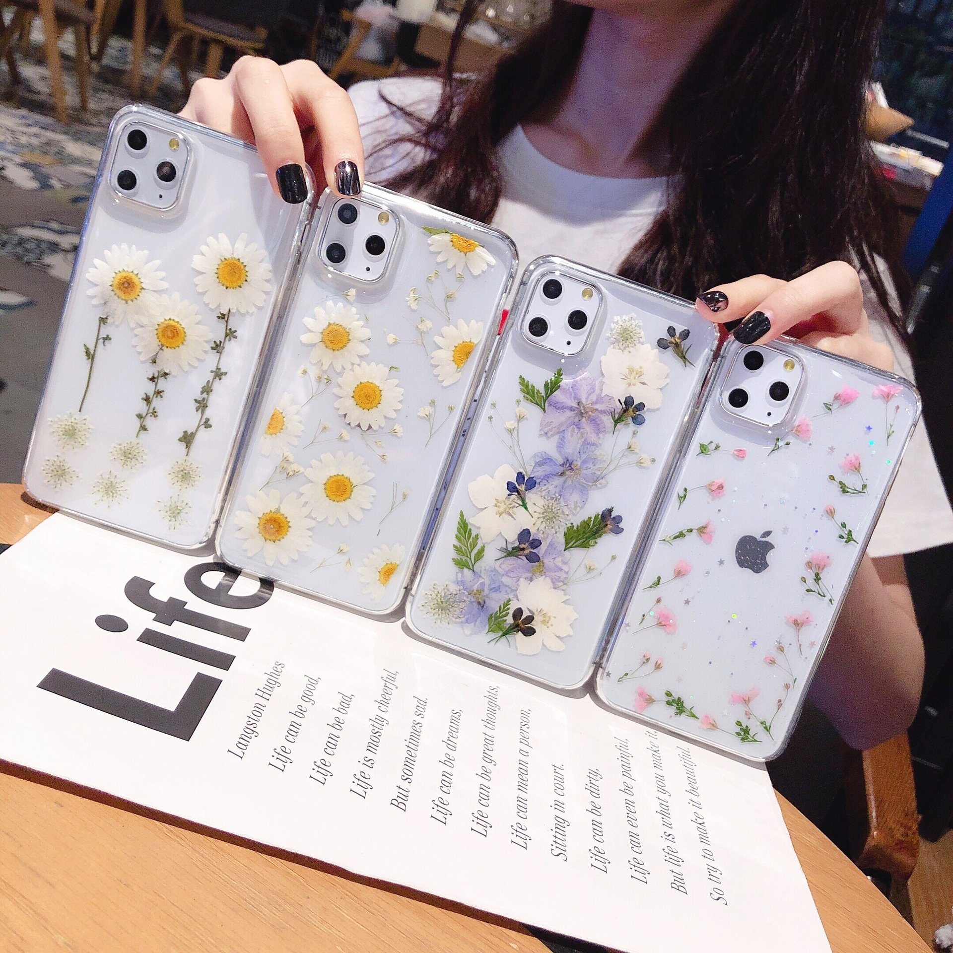 Transparent Glitter Epoxy Pressed Flower Mobile Phone Case for iPhone X XR 11 12 13 14 15 16 Pro Daisy Gypsophila Flower Cover