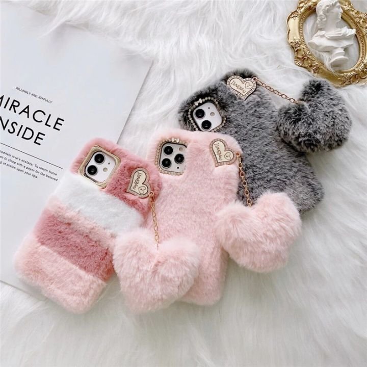 Cute diamond lens plush love heart shaped chain fluffy mobile phone case for iphone 16 15 14 plus 13 12 mini Shockproof cover