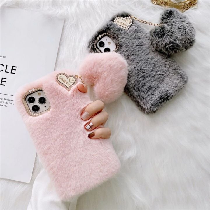 Cute diamond lens plush love heart shaped chain fluffy mobile phone case for iphone 16 15 14 plus 13 12 mini Shockproof cover