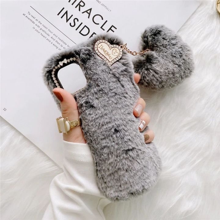 Cute diamond lens plush love heart shaped chain fluffy mobile phone case for iphone 16 15 14 plus 13 12 mini Shockproof cover