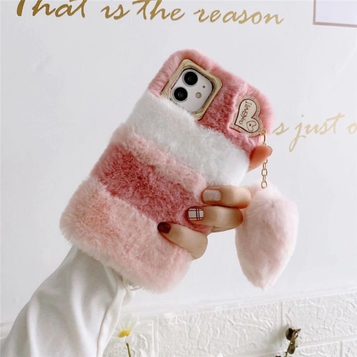 Cute diamond lens plush love heart shaped chain fluffy mobile phone case for iphone 16 15 14 plus 13 12 mini Shockproof cover