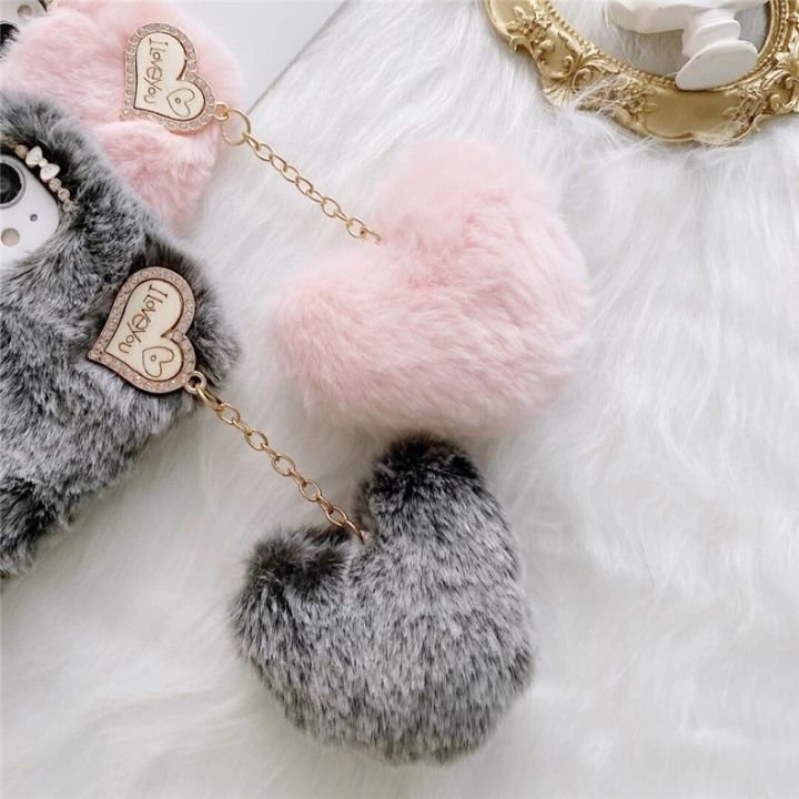 Cute diamond lens plush love heart shaped chain fluffy mobile phone case for iphone 16 15 14 plus 13 12 mini Shockproof cover