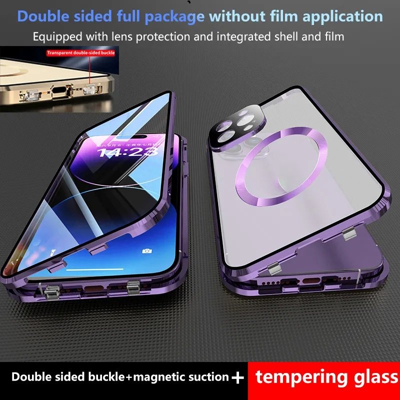 Premium Aluminum Alloy Frame HD Screen Tempered Glass Full Protective Magnetic Phone Case For iPhone 15 13 12 ProMax 14 Plus 16
