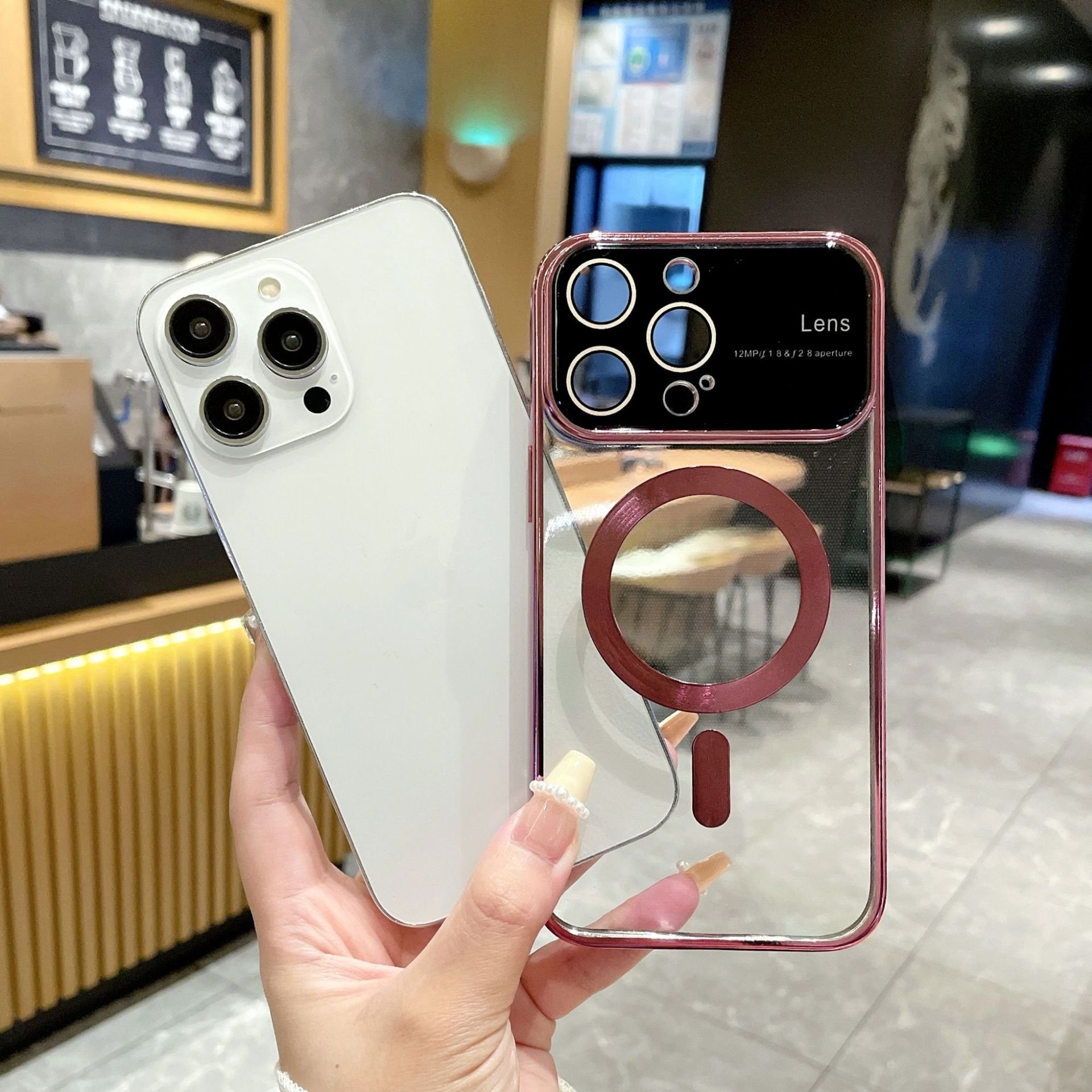 suitable for 14/13/12/11/15 pro max phone case electroplated magnetic large window transparent anti-fall soft protective case