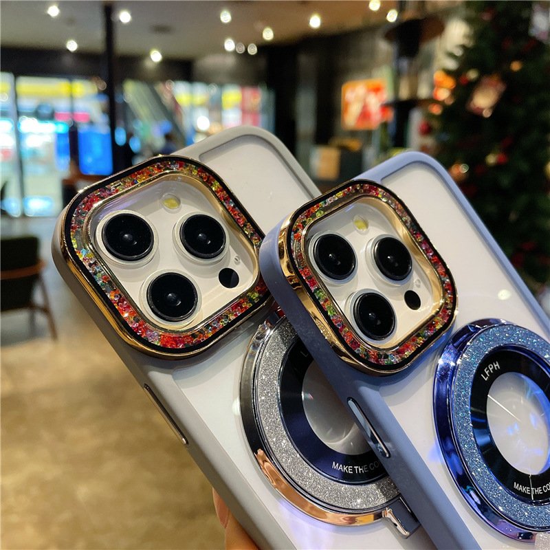 Colorful lens with diamond glitter magnetic bracket internet celebrity suitable for iPhone14 15 ProMAX Mobile phone case
