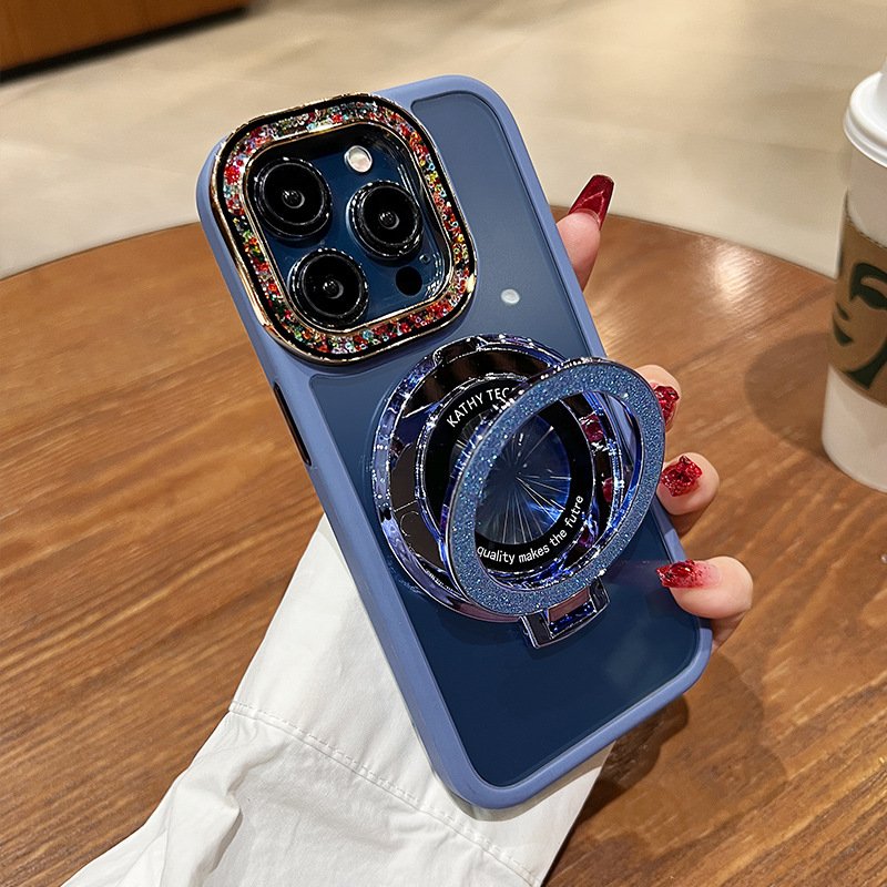 Colorful lens with diamond glitter magnetic bracket internet celebrity suitable for iPhone14 15 ProMAX Mobile phone case