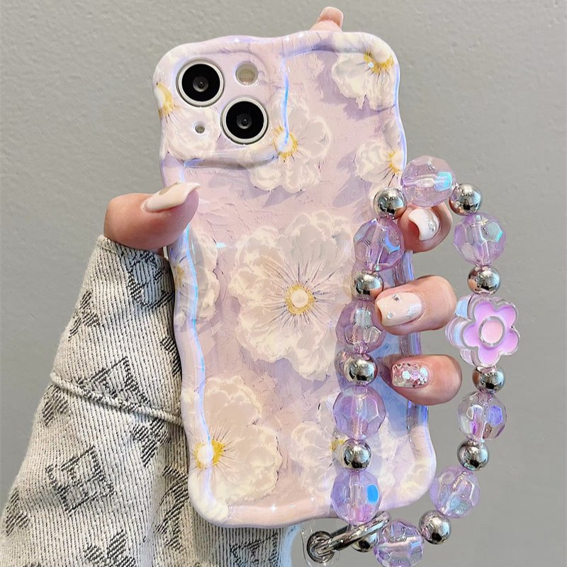 The blue light oil painting flower fashion phone case for iPhone16promax 15pro portable rope 14 13 anti-fall 12 11