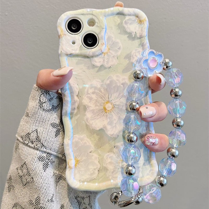 The blue light oil painting flower fashion phone case for iPhone16promax 15pro portable rope 14 13 anti-fall 12 11