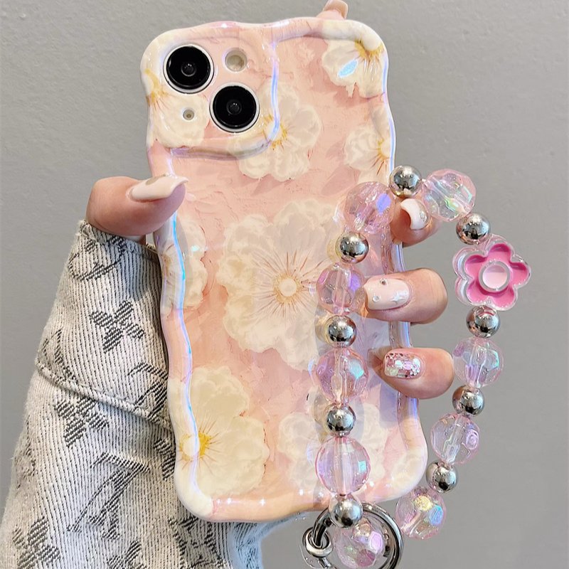 The blue light oil painting flower fashion phone case for iPhone16promax 15pro portable rope 14 13 anti-fall 12 11