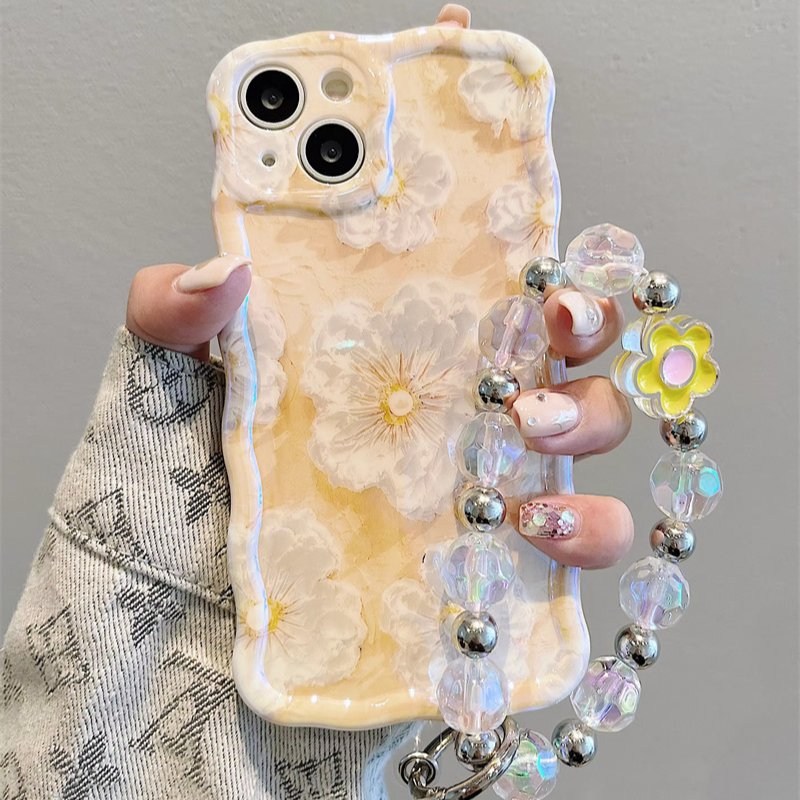 The blue light oil painting flower fashion phone case for iPhone16promax 15pro portable rope 14 13 anti-fall 12 11