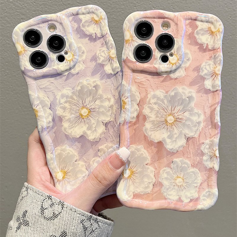 The blue light oil painting flower fashion phone case for iPhone16promax 15pro portable rope 14 13 anti-fall 12 11