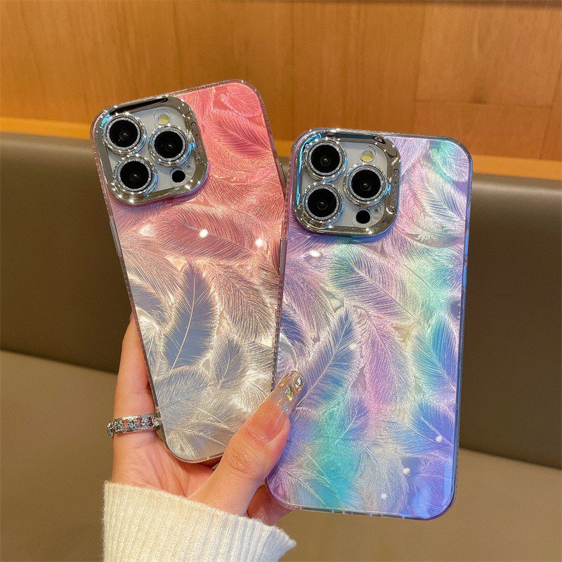 Ins Style Gradient Feather Phone Case Electroplated Diamond Lens Frame Glossy Glitter Mobile Case for iPhone 16 15 14 13 Pro Max