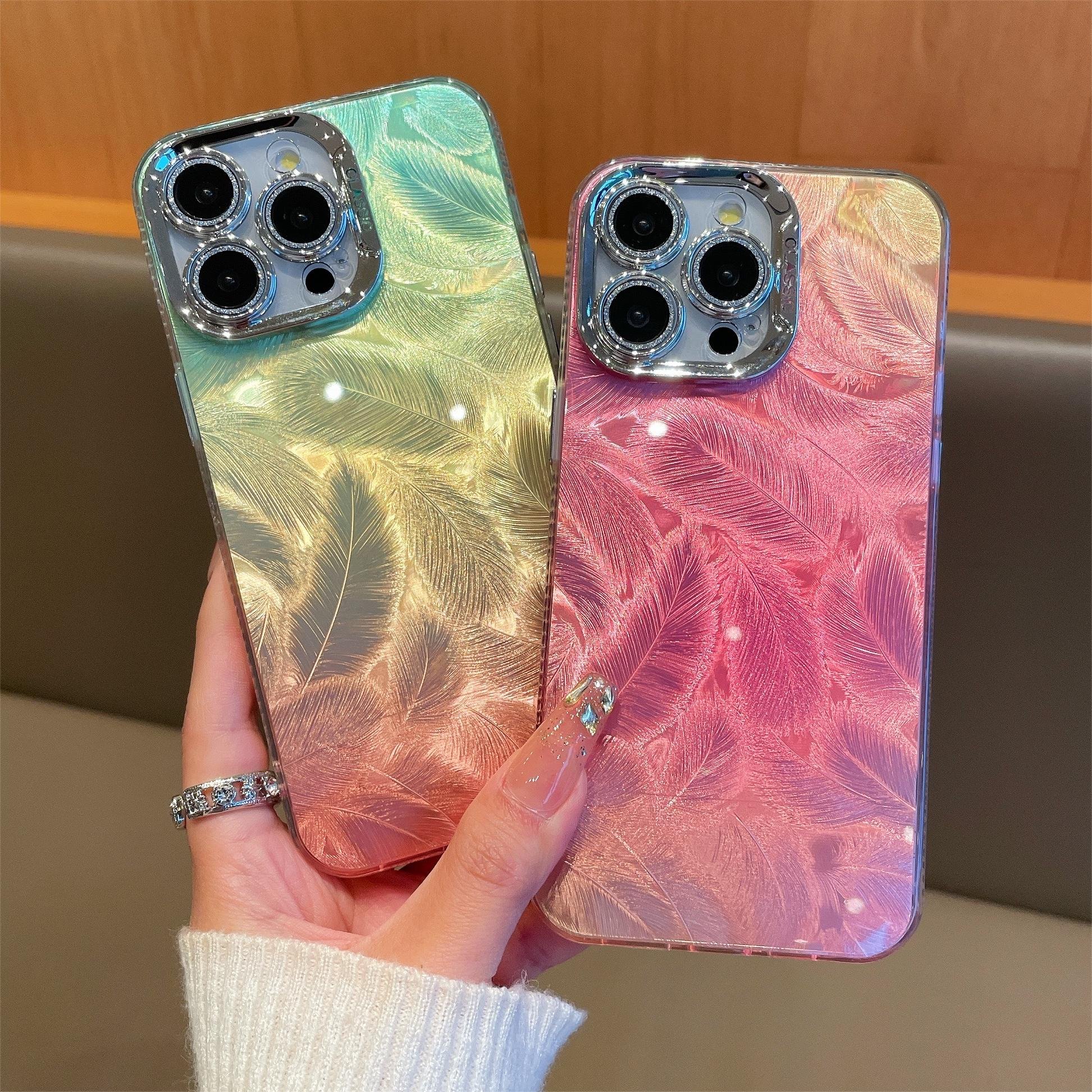 Ins Style Gradient Feather Phone Case Electroplated Diamond Lens Frame Glossy Glitter Mobile Case for iPhone 16 15 14 13 Pro Max