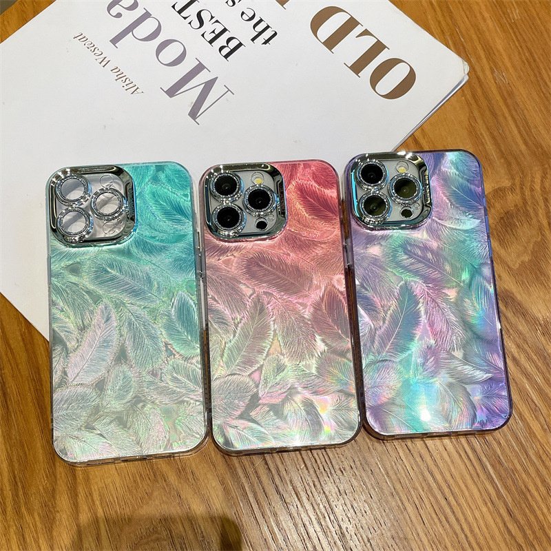 Ins Style Gradient Feather Phone Case Electroplated Diamond Lens Frame Glossy Glitter Mobile Case for iPhone 16 15 14 13 Pro Max