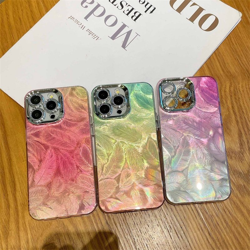 Ins Style Gradient Feather Phone Case Electroplated Diamond Lens Frame Glossy Glitter Mobile Case for iPhone 16 15 14 13 Pro Max