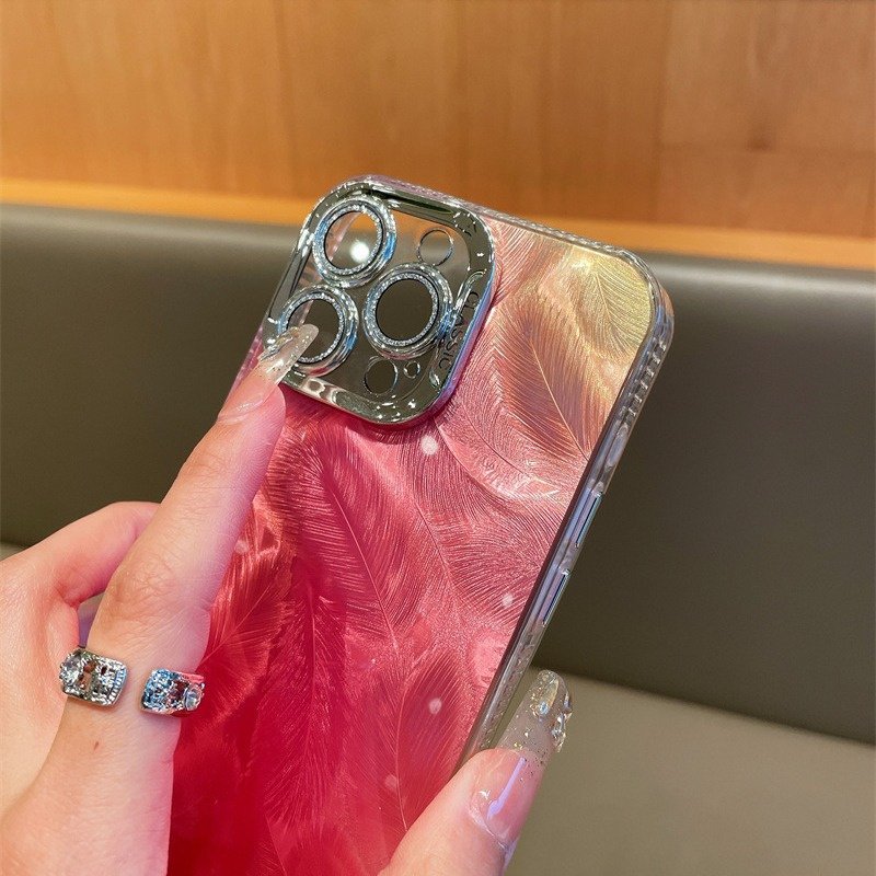 Ins Style Gradient Feather Phone Case Electroplated Diamond Lens Frame Glossy Glitter Mobile Case for iPhone 16 15 14 13 Pro Max