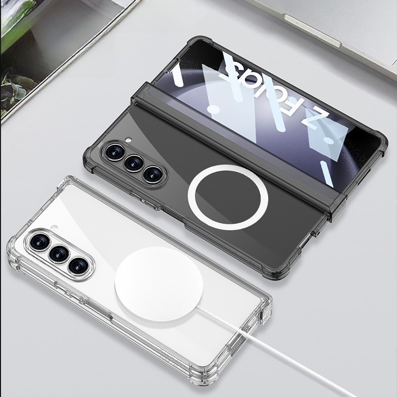 Protective Case for Samsung Fold5 Transparent Wireless Charging Mobile Phone Case with Four-Corner Anti-Fall Airbag Belt Hinge