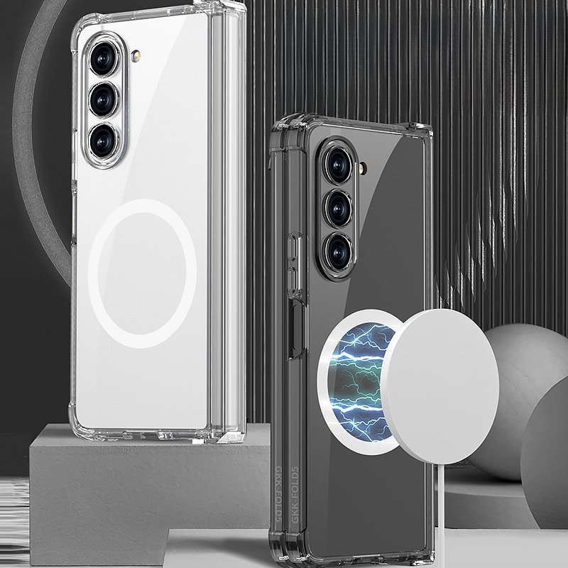 Protective Case for Samsung Fold5 Transparent Wireless Charging Mobile Phone Case with Four-Corner Anti-Fall Airbag Belt Hinge