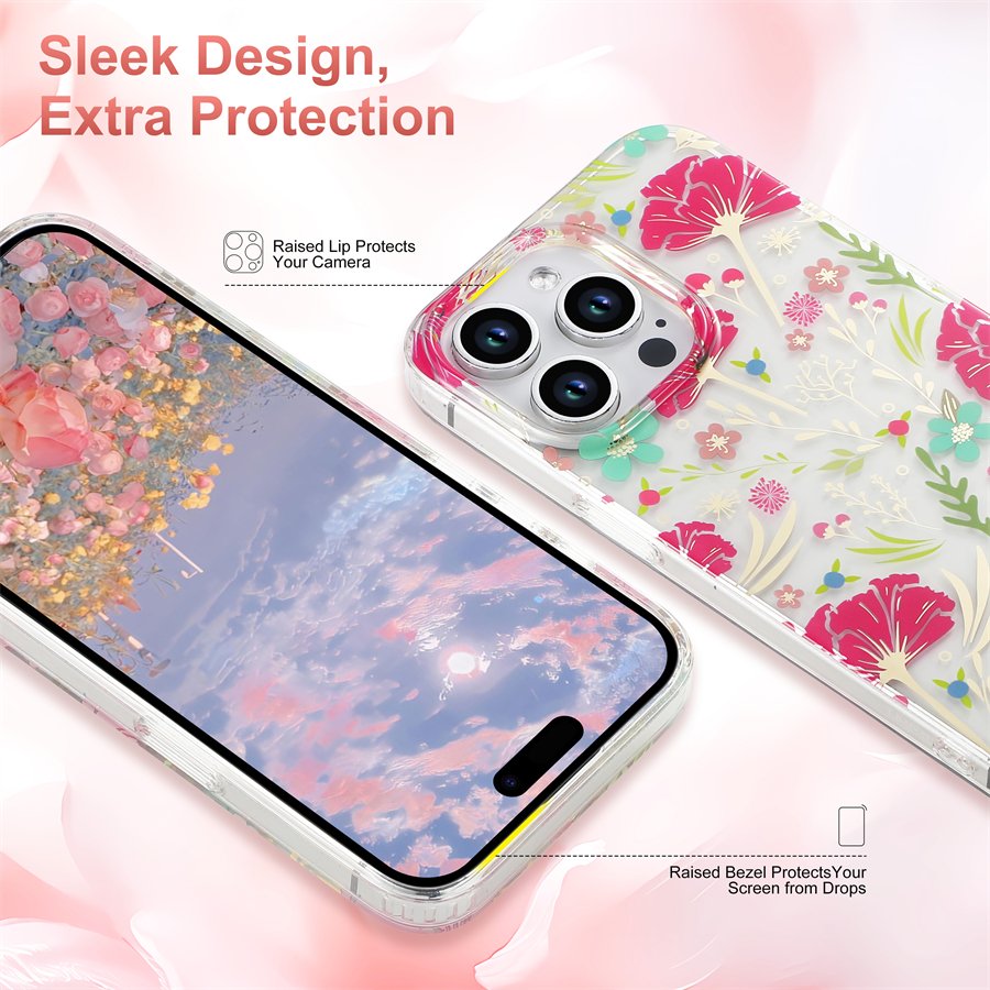 Clear Glitter Electroplating Flower Phone Case For iPhone 16 Pro Max 15 Plus 14 13 S24 S23 Thickened Shockproof Protection Cover