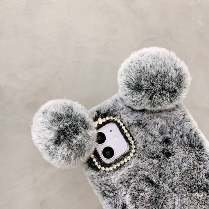 Simple Furry Bear Design Plush Fluffy Mobile Phone Case For iPhone 15plus 14promax 13mini 12 11 XR XS Winter Warm Back Cover