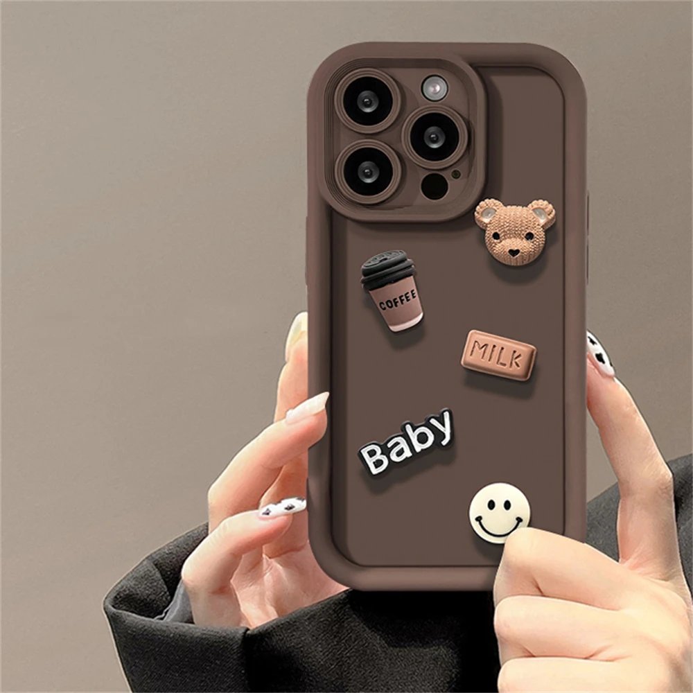Korean Cute Cartoon 3D Coffee Bear Phone Case For IPhone 15 14 13 12 11 Pro Max X XR Soild Color Silicone Shockproof Soft Cover