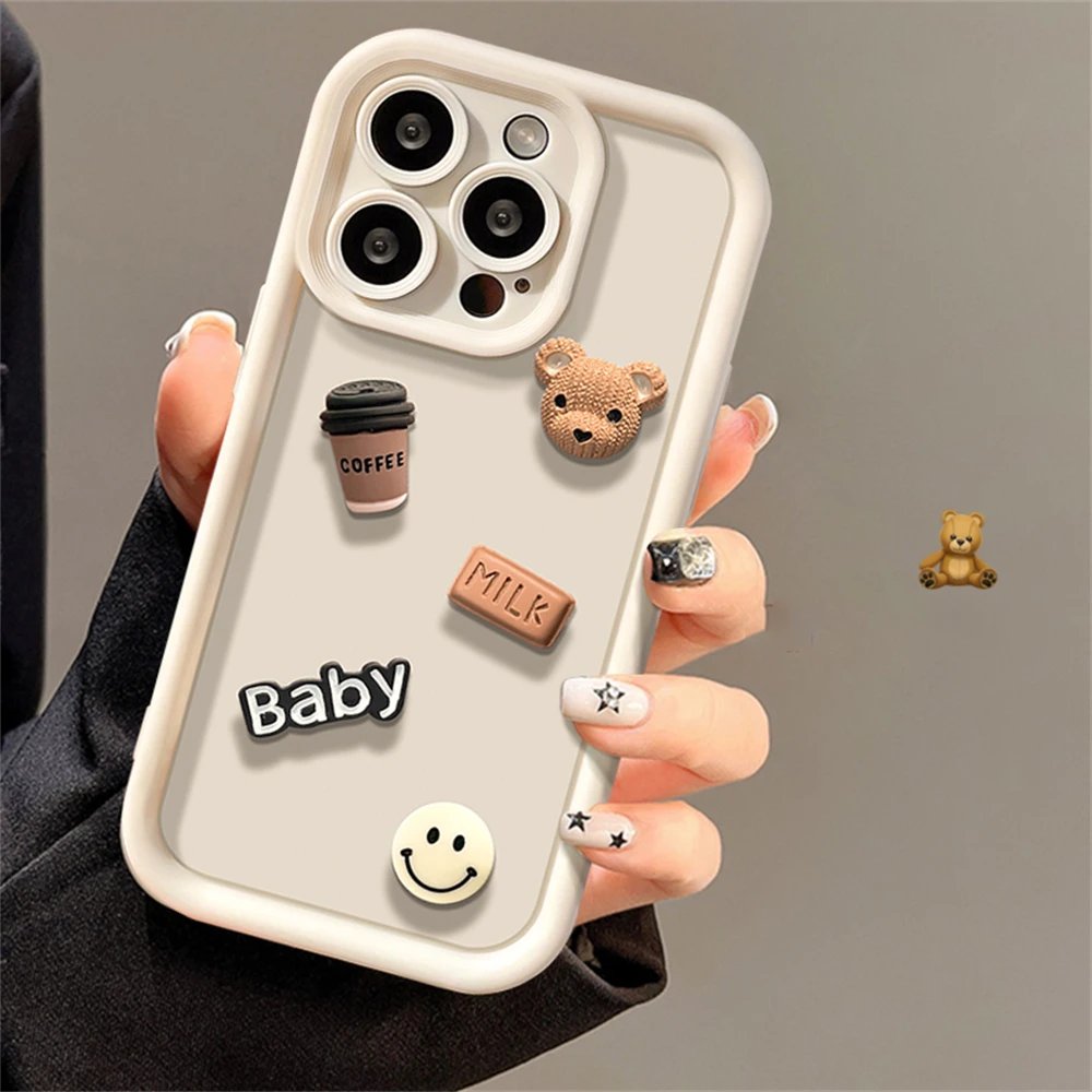 Korean Cute Cartoon 3D Coffee Bear Phone Case For IPhone 15 14 13 12 11 Pro Max X XR Soild Color Silicone Shockproof Soft Cover