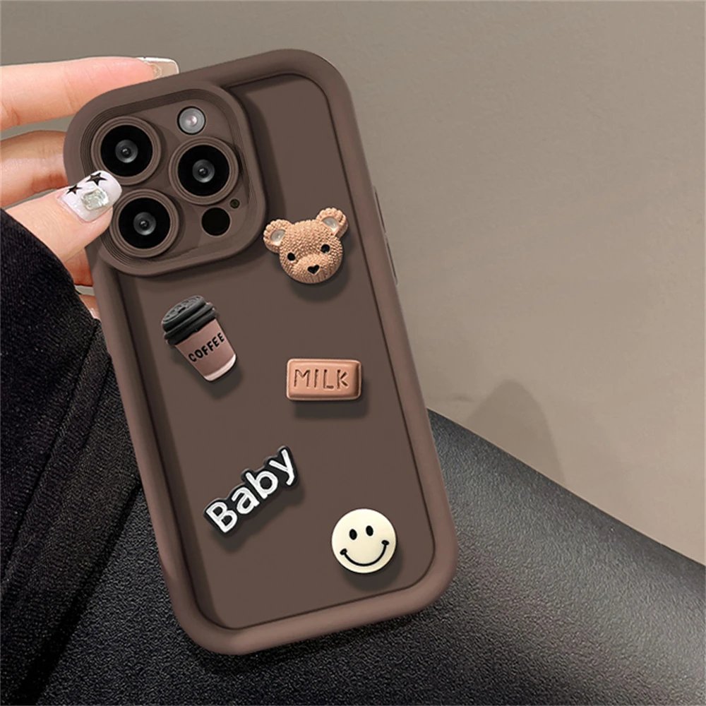 Korean Cute Cartoon 3D Coffee Bear Phone Case For IPhone 15 14 13 12 11 Pro Max X XR Soild Color Silicone Shockproof Soft Cover