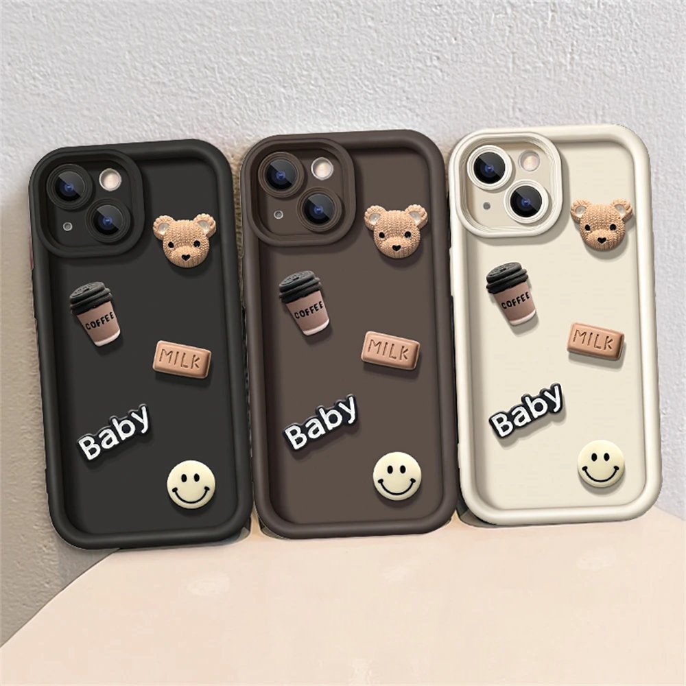 Korean Cute Cartoon 3D Coffee Bear Phone Case For IPhone 15 14 13 12 11 Pro Max X XR Soild Color Silicone Shockproof Soft Cover