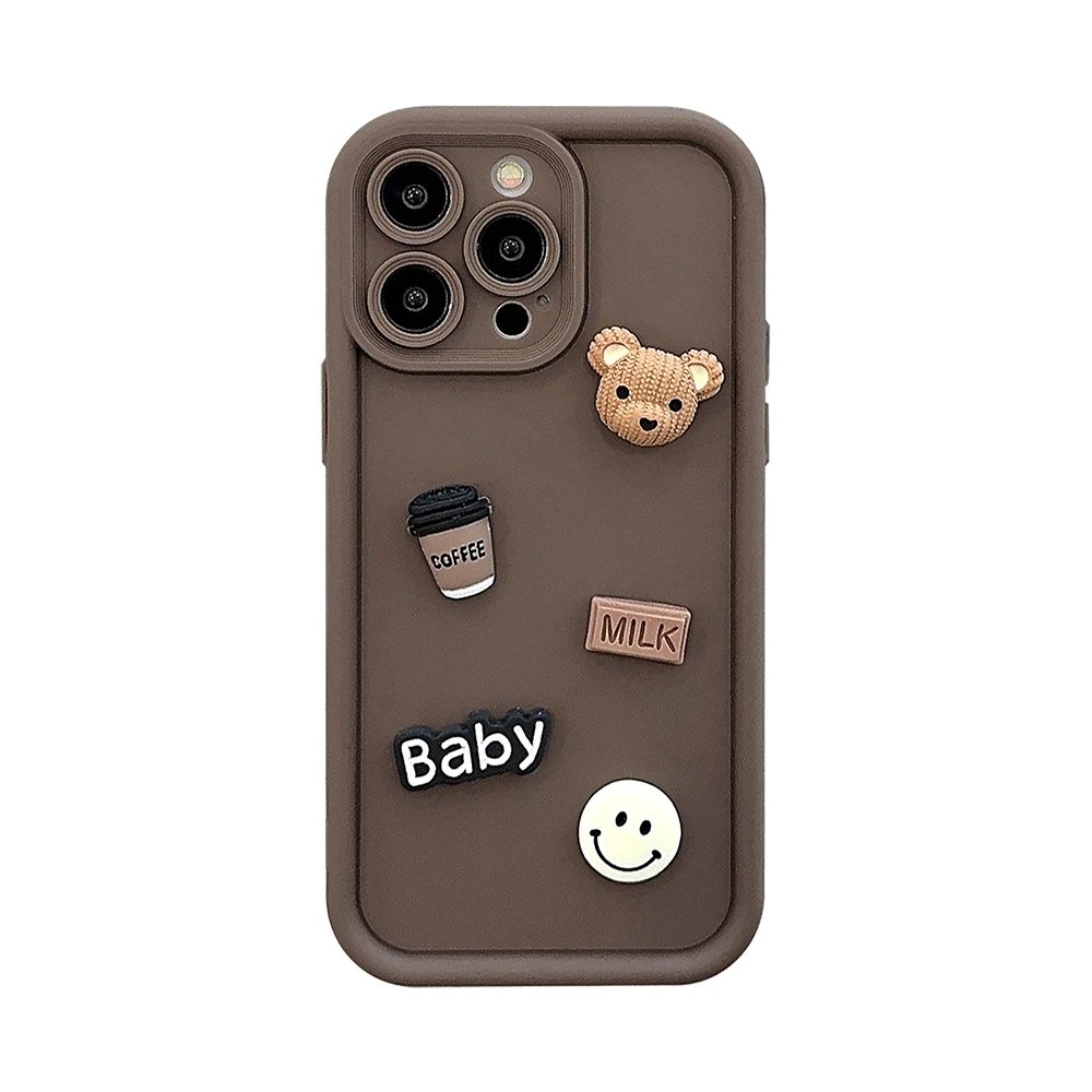 Korean Cute Cartoon 3D Coffee Bear Phone Case For IPhone 15 14 13 12 11 Pro Max X XR Soild Color Silicone Shockproof Soft Cover