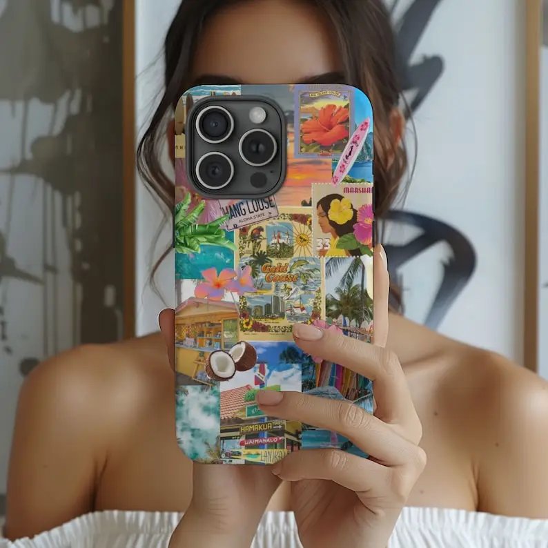 Hawaii Summer Collage Phone Case For IPHONE 15PRO MAX 14 13 12 11 PRO Plus 15pro Acrylic TPU Two in one Mobile Phone Cases