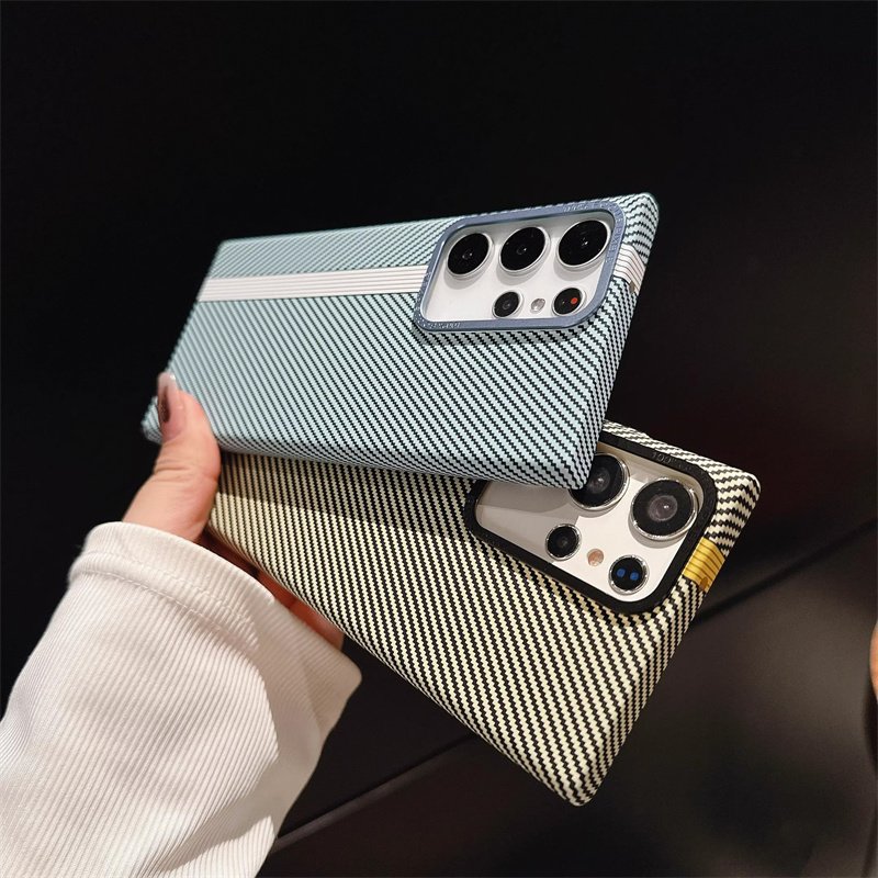 Luxury Metal Camera Frame Heat Pressing Carbon Fiber Stripes Magnetic Charging Phone Case For Samsung S22 Ultra S24 Plus S23
