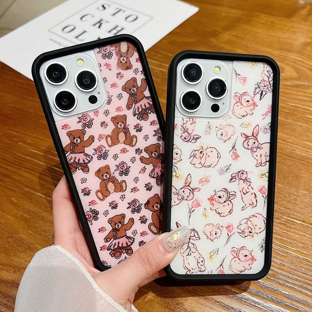 Trendy black border Transparent acrylic 2-in-1 Print pattern cute bunny flower mobile phone case for Iphone 12 pro 13 max 14plus