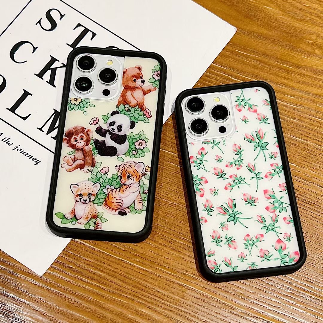 Trendy black border Transparent acrylic 2-in-1 Print pattern cute bunny flower mobile phone case for Iphone 12 pro 13 max 14plus