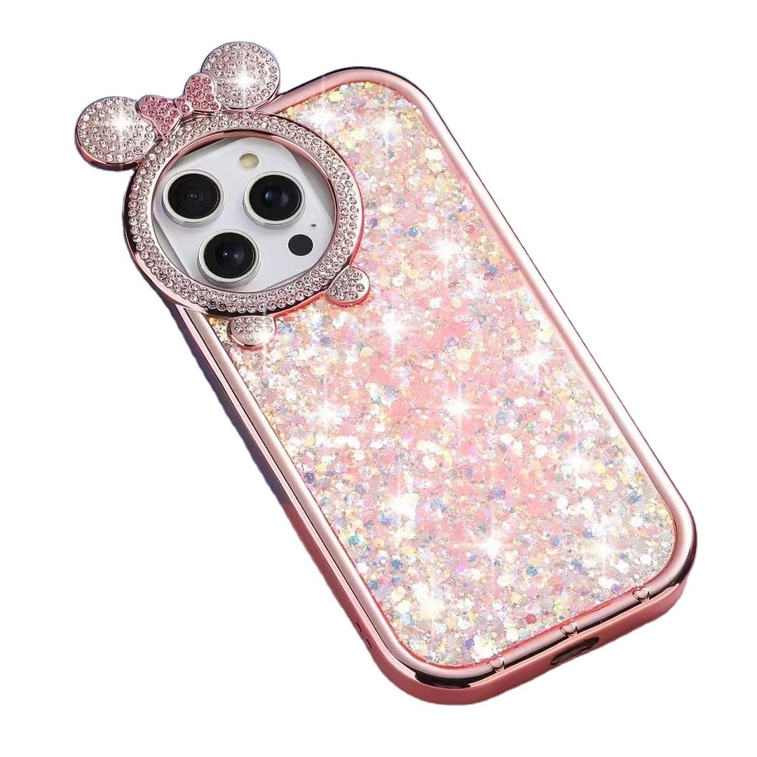 Luxury diamond plated TPU anti-drop mobile phone case drops glue glitter bow protective cover for Iphone 15 pro 14max