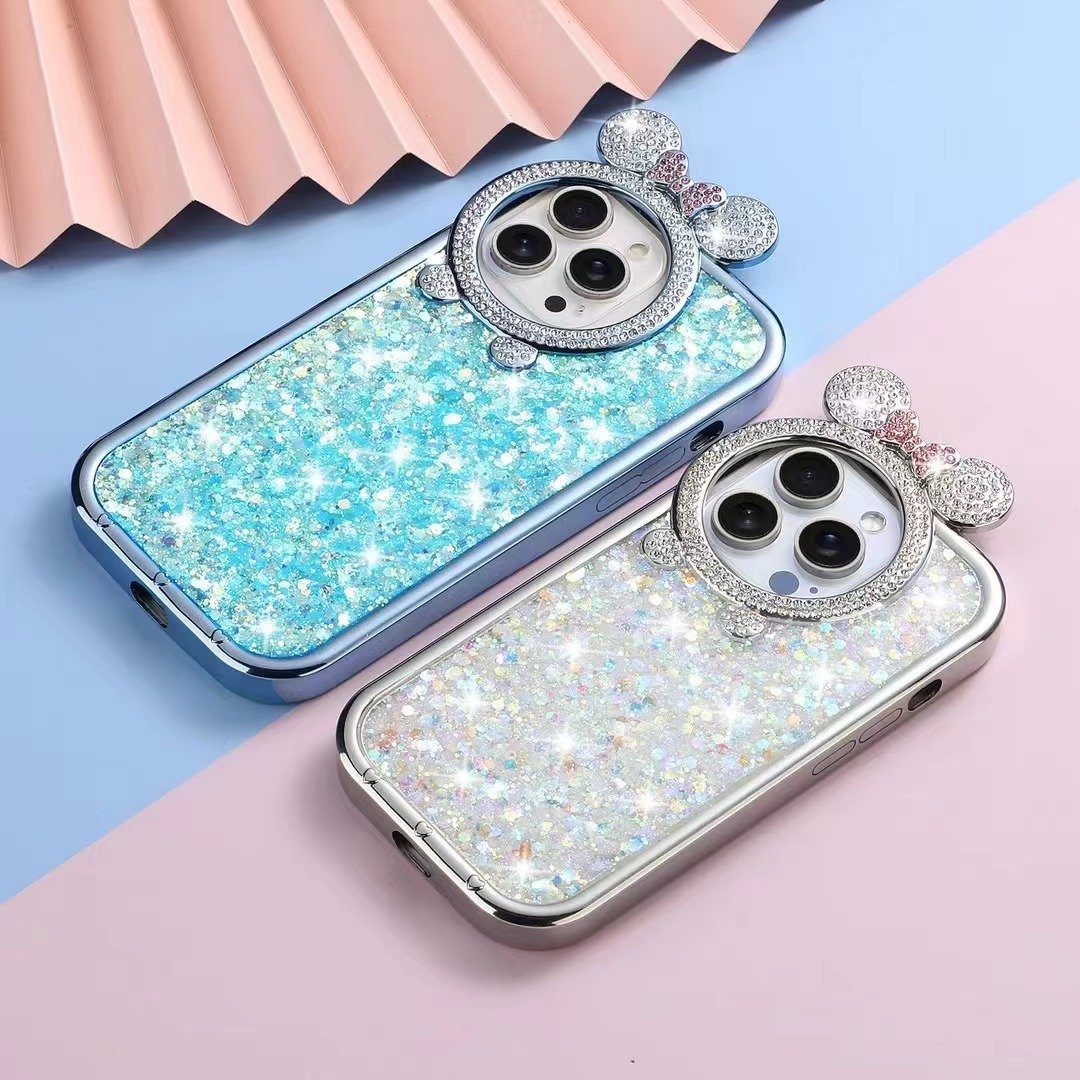 Luxury diamond plated TPU anti-drop mobile phone case drops glue glitter bow protective cover for Iphone 15 pro 14max