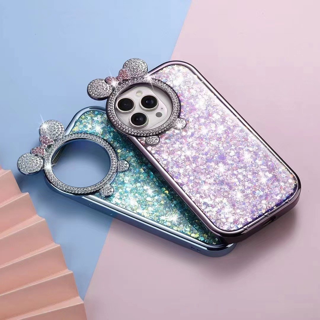 Luxury diamond plated TPU anti-drop mobile phone case drops glue glitter bow protective cover for Iphone 15 pro 14max