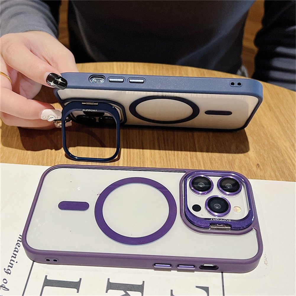 Metal Stand Camera Lens Glass Film Magnetic Phone Case For iPhone 16 Pro Max Wireless Charging Clear Mobile Phone Cover