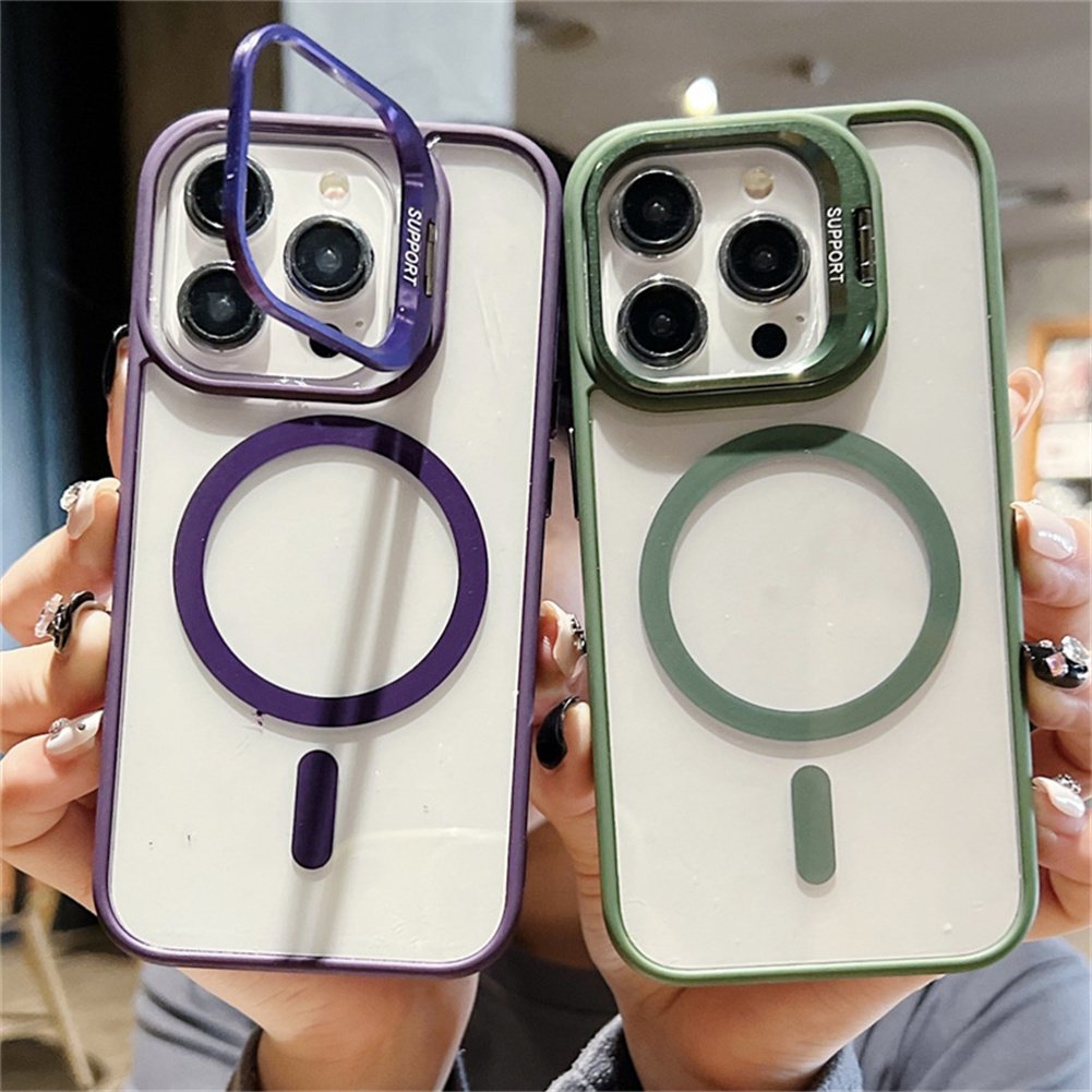 Metal Stand Camera Lens Glass Film Magnetic Phone Case For iPhone 16 Pro Max Wireless Charging Clear Mobile Phone Cover