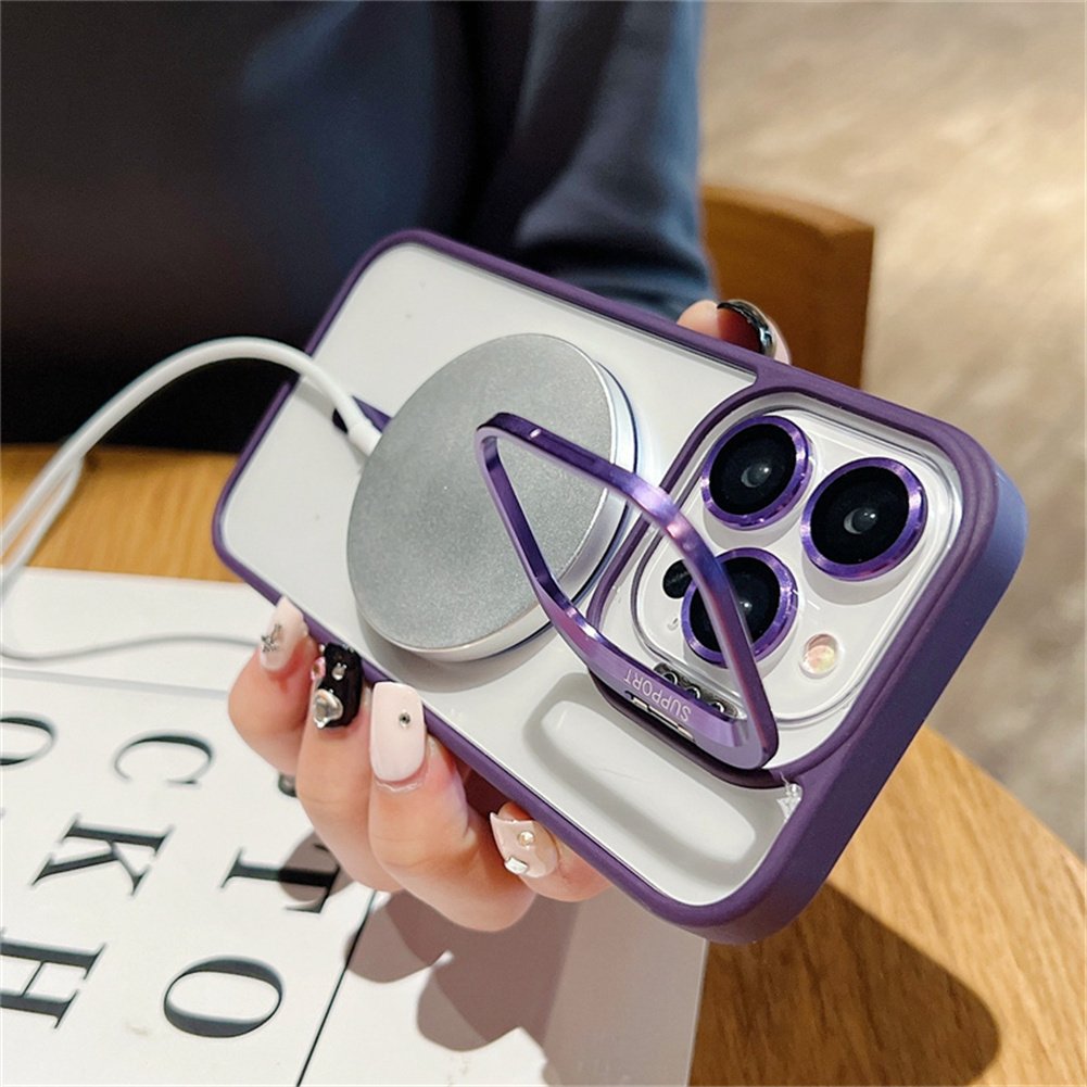 Metal Stand Camera Lens Glass Film Magnetic Phone Case For iPhone 16 Pro Max Wireless Charging Clear Mobile Phone Cover