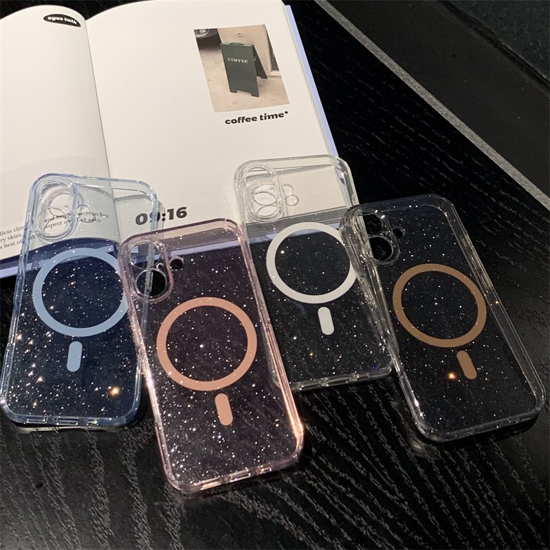 2.0MM Transparent Shiny Glitter Bling Magnetic Phone Case For iPhone 16 15 14 13 Pro Max Clear Soft TPU Cover