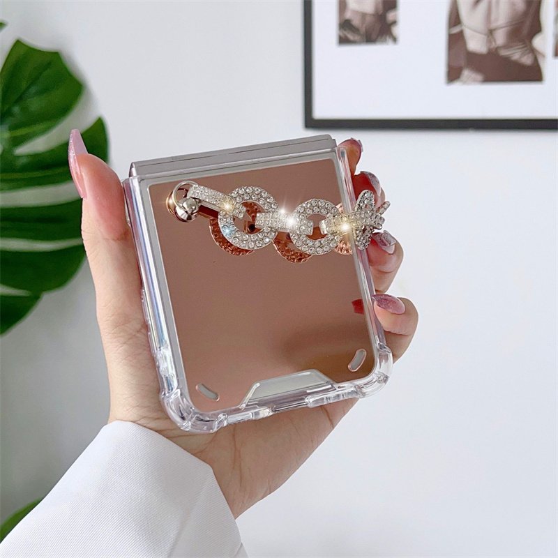 For Samsung Galaxy Z Flip 5 4 3 Luxury Women Bling Glitter Mirror Phone Case with Diamond Crystal Chain Strap