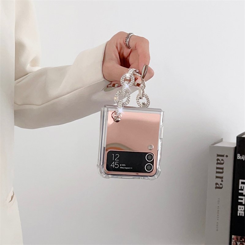 For Samsung Galaxy Z Flip 5 4 3 Luxury Women Bling Glitter Mirror Phone Case with Diamond Crystal Chain Strap