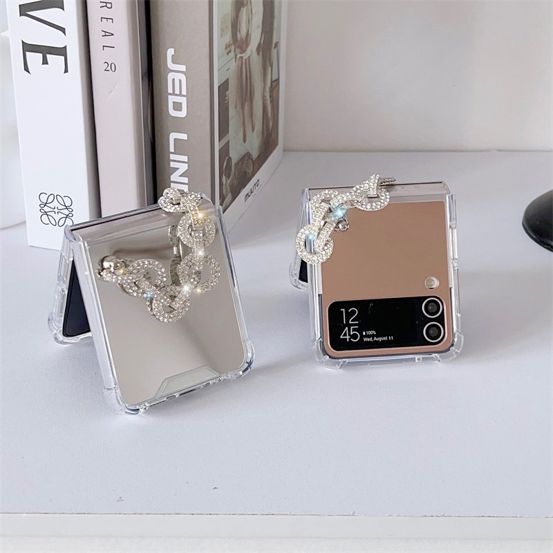 For Samsung Galaxy Z Flip 5 4 3 Luxury Women Bling Glitter Mirror Phone Case with Diamond Crystal Chain Strap