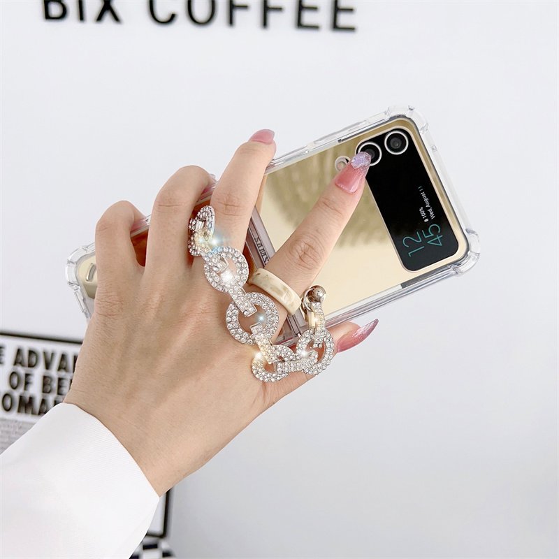 For Samsung Galaxy Z Flip 5 4 3 Luxury Women Bling Glitter Mirror Phone Case with Diamond Crystal Chain Strap