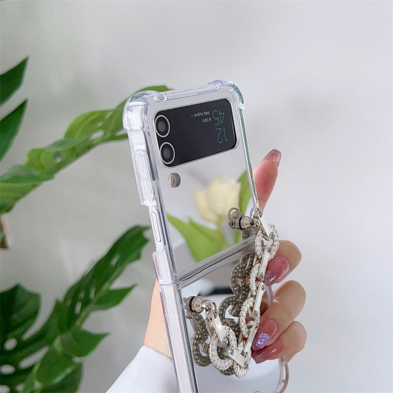 For Samsung Galaxy Z Flip 5 4 3 Luxury Women Bling Glitter Mirror Phone Case with Diamond Crystal Chain Strap
