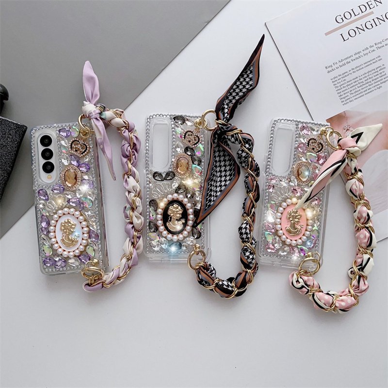 Luxury Handmade Crystal Diamond Bling Glitter Mobile Phone Cover For Samsung Z Fold 5 4 3 Case With Silk Scarf Wrist Strap