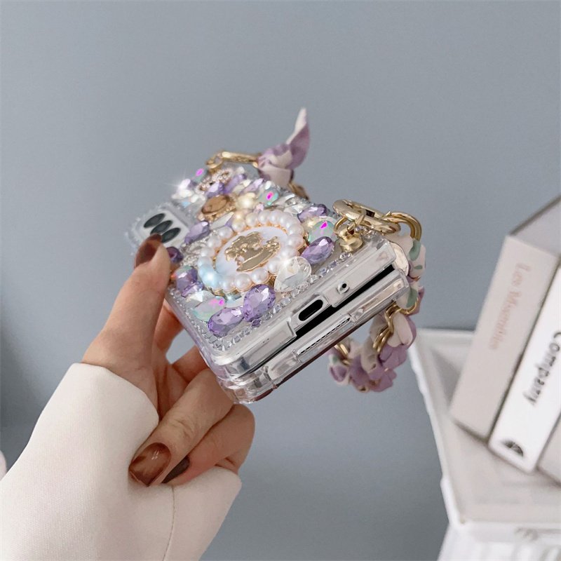 Luxury Handmade Crystal Diamond Bling Glitter Mobile Phone Cover For Samsung Z Fold 5 4 3 Case With Silk Scarf Wrist Strap